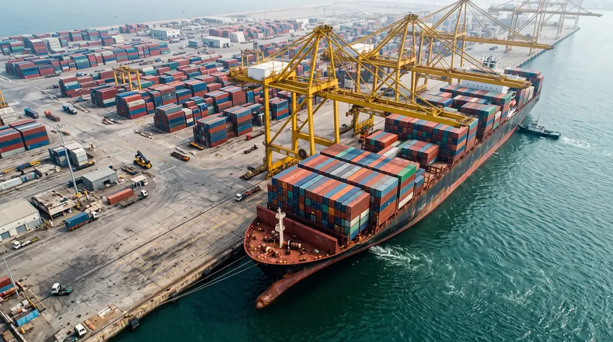 Ocean freight container vessel docked at island seaport terminal connecting mainland ports to Hawaii