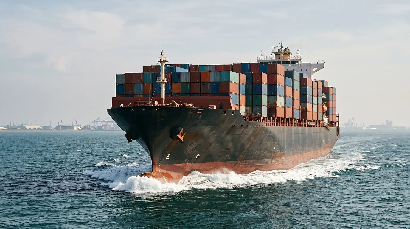 Ocean container vessel underway cutting through open waters toward Hamad Port in Qatar