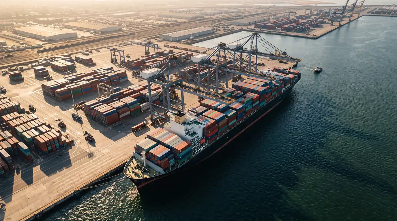 Aerial sunset view of Jebel Ali Port maritime container terminal in Dubai UAE
