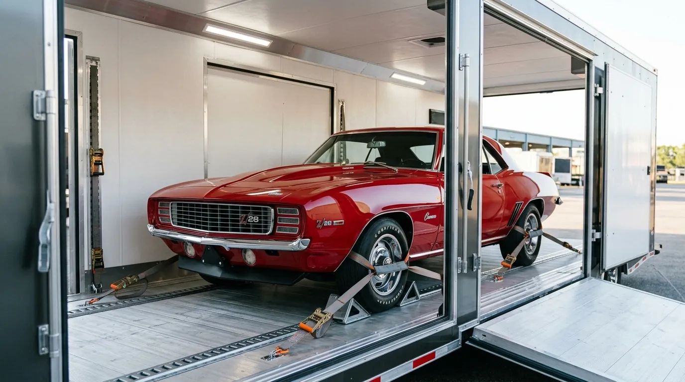 Classic vehicle prepared for secure enclosed automotive transport