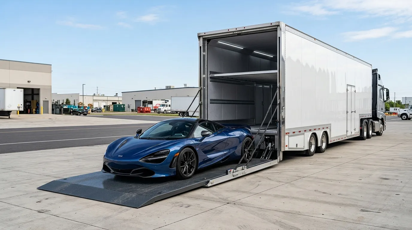 Commercial enclosed car transport trailer providing complete weather and debris protection