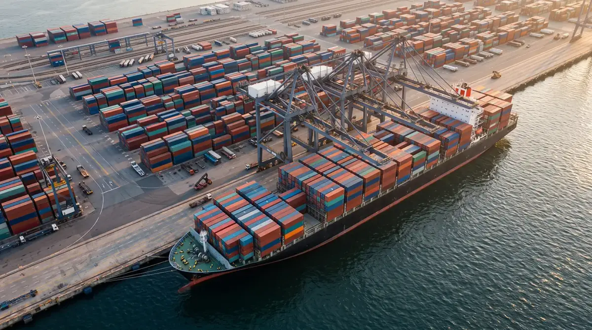 Ocean container vessel berthed at port terminal receiving shipping containers for international vehicle transport