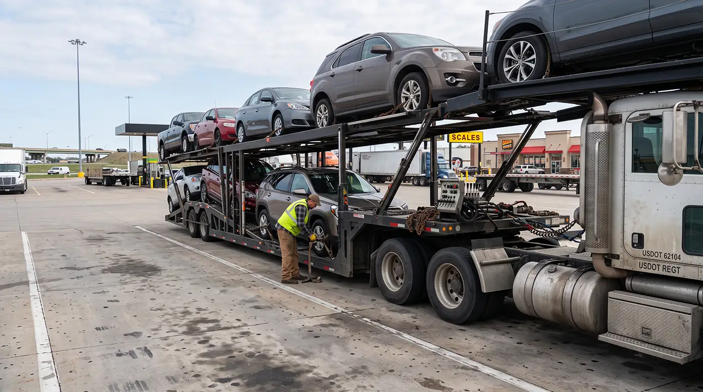 Auto transport driver inspecting and tightening wheel securement straps on a multi-car carrier at a travel stop